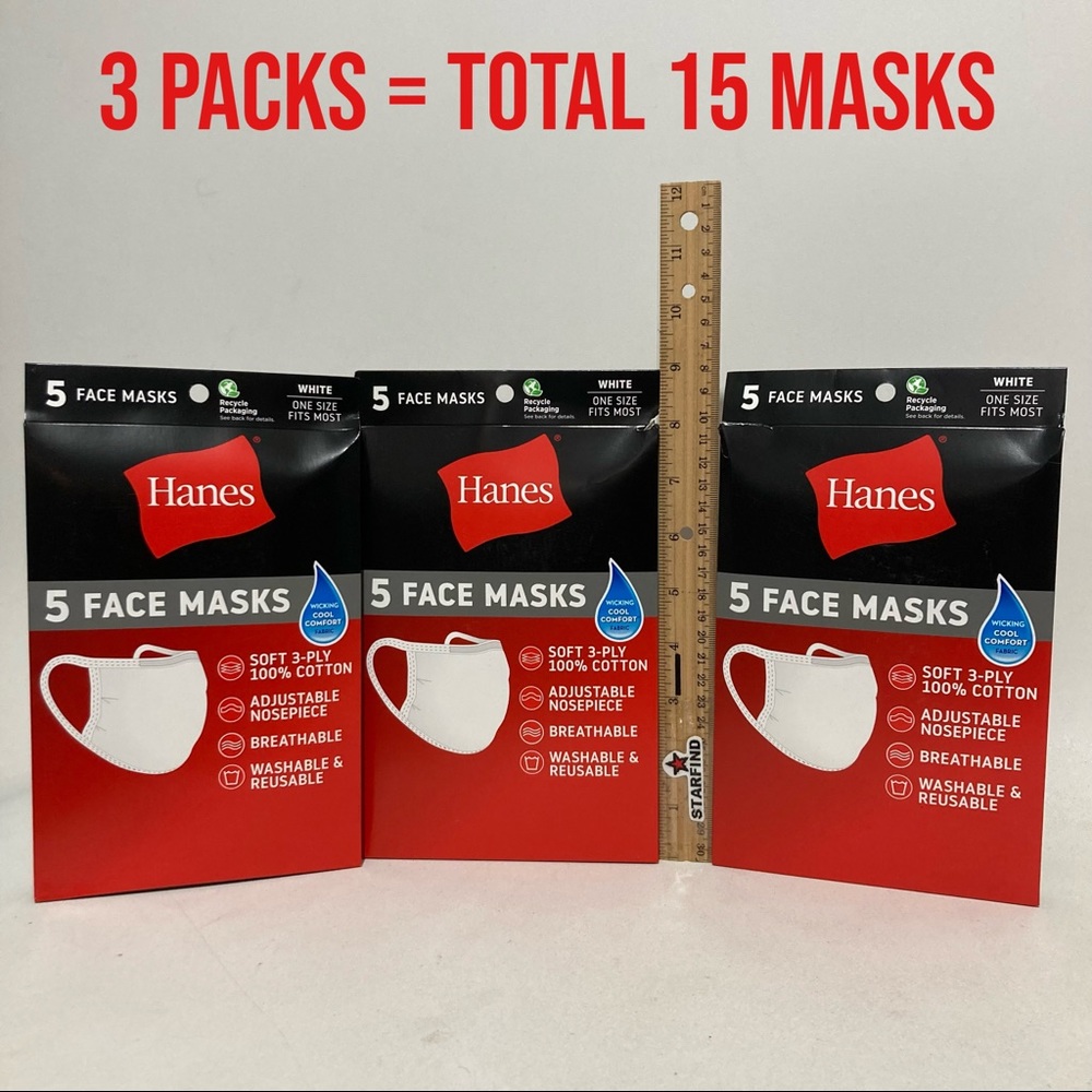 Hanes 100% Cotton Fabric Face Mask Washable WHITE 3-PLY Adjustable SEE⭐️ LOT 15